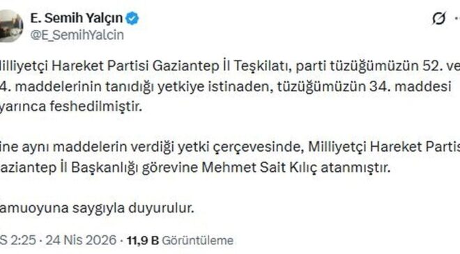 MHP’li Yalçın: Gaziantep ve Bingöl il teşkilatları feshedildi